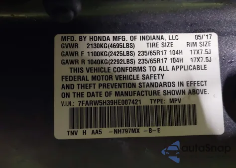 2017 Honda Cr-V Lx from USA, damaged, VIN 7FARW5H39HE007421